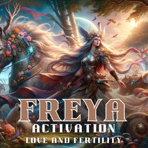 May include: A digital illustration of Freya, a Norse goddess, riding a white horse adorned with flowers. The image features a vibrant color palette and a mystical atmosphere. The text "FREYA ACTIVATION LOVE AND FERTILITY" is displayed at the bottom of the image.