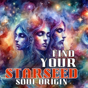 Puede incluir: Una pintura de acuarela de tres caras con un fondo de galaxia. Las caras están rodeadas de estrellas y una paloma blanca. El texto "FIND YOUR STARSEED SOUL ORIGIN" está escrito en letras rojas en negrita.