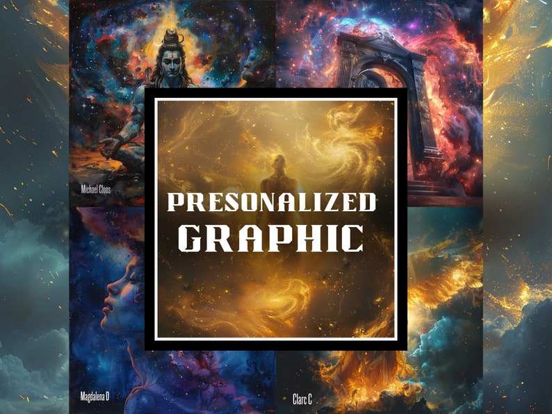 Puede incluir: Un collage de cuatro im&aacute;genes con nebulosas y galaxias coloridas. La imagen central presenta el texto "PERSONALIZED GRAPHIC".