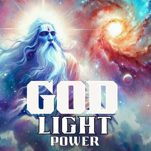 May include: A digital painting of a white-bearded man with a red dot on his forehead, set against a colorful galaxy background. The text "GOD LIGHT POWER" is written in white letters below the man.