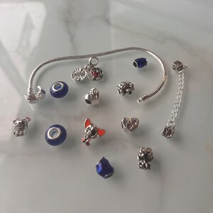May include: A silver charm bracelet with a variety of charms, including a heart, a dog, a paw print, and a blue bead. The bracelet is on a white surface.