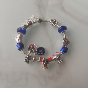 May include: A silver charm bracelet with blue and silver beads and charms, including a dog, a heart, and a star.