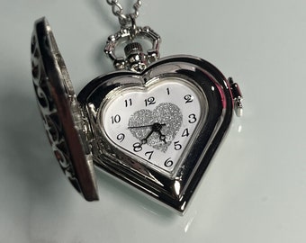 Stunning Heart Shaped Pocket Watch Necklace on a Chain