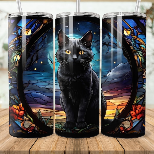 Black Cat Stained Glass Tumbler, Black Cat Tumbler Wrap, Stained Glass Tumbler, 20oz Skinny Tumbler, Tumbler Wrap PNG, Digital Download