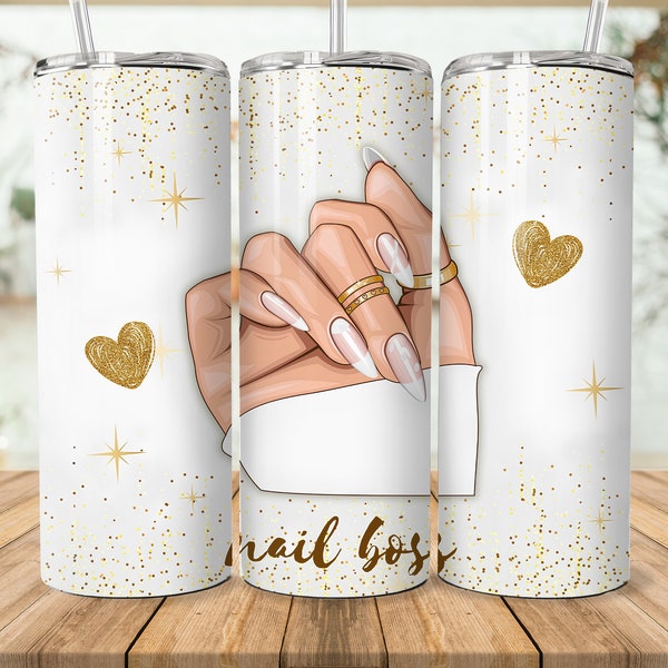 Nail Boss Tumbler, Gold and Beige Tumbler, Nail Tech Tumbler, 20oz Skinny Tumbler, Tumbler Wrap PNG, Digital Download, Nail Artist Design