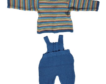 ensemble salopette bleue et brassière rayée multicolore - naissance - retour maison - plutôt garçon