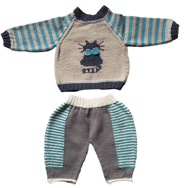 Ensemble pantalon gris et rayure bleu/blanc et brassière jacquard dessin chat tricoté main pure laine pour enfant taille 3-6 mois