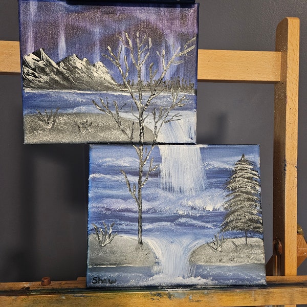 Northern lights auroraborealis mountains with ocean waves and waterfall scene on unique split canvas set of 2  - each canvas 8x10