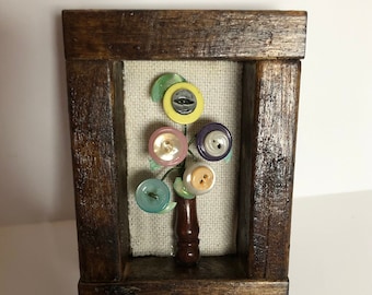 Button Art Flower Bouquet Picture, Upcycled Antique Buttons, Small Shadow Box, Cute Desk Decoration, Cottagecore Aesthetic, Rustic Decor