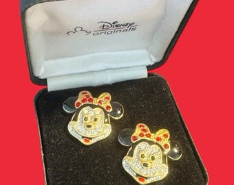 RARE Boucles d'oreilles clip Minnie Mouse Vtg cristaux DISNEY Originals NIB