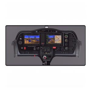 Op de afbeelding: Een zwart en grijs muismat met een gedetailleerde illustratie van een vliegtuigcockpit. De cockpit toont twee schermen met kleurrijke graphics, samen met diverse meters, knoppen en de tekst "NO SMOKING".