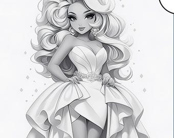 Grayscale Coloring Pages Cute Girls in Cocktail Dresses Fashion Style 19 Pages PDF Instant Download Coloring Book for All Ages Perfect Gift
