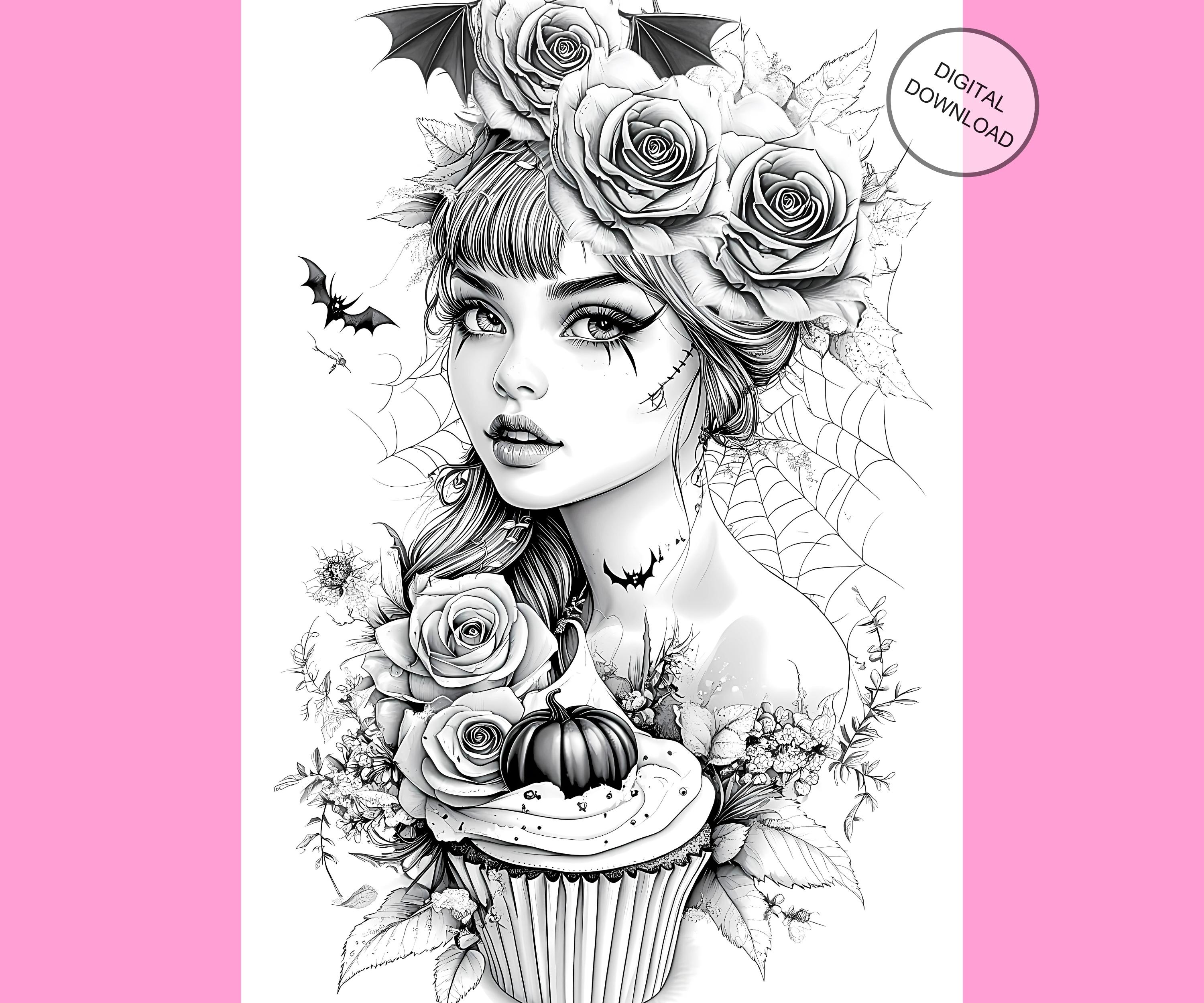 Gothic Halloween Girls Coloring Pages, Grayscale Fantasy Art PDF ...