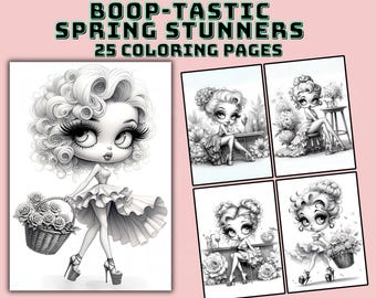 Op de afbeelding: Een set van 25 kleurplaten met zwart-wit illustraties van schattige cartoonmeisjes met grote ogen en fantasierijke kapsels. De titel "BOOP-TASTIC SPRING STUNNERS" staat bovenaan de afbeelding.