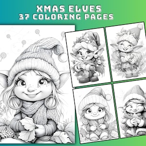 Cute Christmas Elf Coloring Pages Grayscale Digital Download 37-Page PDF Holiday Gnome Art for Adults and Kids Christmas Activity Fun Sheets
