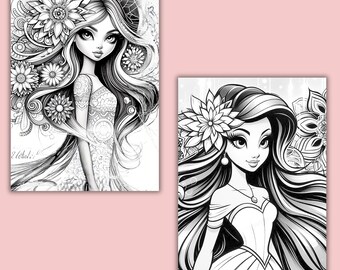 Fantasy Goddess Woman Coloring Pages Grayscale Mandala Flower Girls Printable PDF Digital Instant Download for Stress Relief and Mindfulness