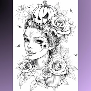 Spooky Gothic Girls Halloween Coloring Pages Grayscale PDF A4 24 ...