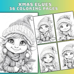 Cute Christmas Elf Coloring Pages Grayscale Digital Download 36-Page PDF Holiday Gnome Art for Adults and Kids Christmas Activity Fun Sheets