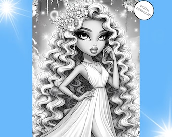 Mode Göttin Mädchen Färbung Graustufen Buch Glamour Kunsttherapie druckbare PDF sofortiger digitaler Download Illustration für Erwachsene und Kinder