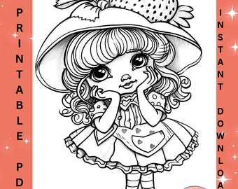 Grayscale Coloring Book: Strawberry Shortcake Retro Cartoon Girls PDF Digital Download Printable Childhood Nostalgia Sheets for Adults Kids