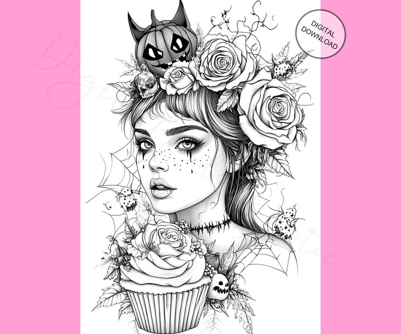 Gothic Halloween Girls Coloring Pages, Grayscale Fantasy Art PDF ...