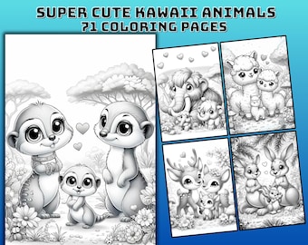 May include: A coloring book with the text "SUPER CUTE KAWAII ANIMALS 71 COLORING PAGES." The book features black and white illustrations of adorable animals, including meerkats, mammoths, llamas, deer, and rabbits. Each page showcases a family of animals.