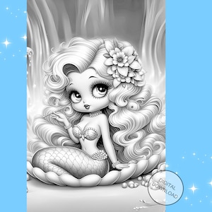 May include: Black and white illustration of a mermaid with large eyes, long curly hair, and a flower in her hair. She is seated on a shell, holding a small object. The image includes the text "PRINTABLE PDF" and "INSTANT DOWNLOAD".