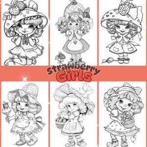 Livre de coloriage Charlotte aux fraises : filles de dessins animés rétro, PDF en niveaux de gris (téléchargement numérique)