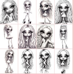 May include: Set of nine printable coloring pages featuring black and white illustrations of cartoon girls with long braids and large eyes. The text "Printable PDF" and "Instant Download" is visible on the left and right sides of the image.