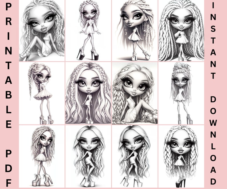 May include: Set of nine printable coloring pages featuring black and white illustrations of cartoon girls with long braids and large eyes. The text "Printable PDF" and "Instant Download" is visible on the left and right sides of the image.