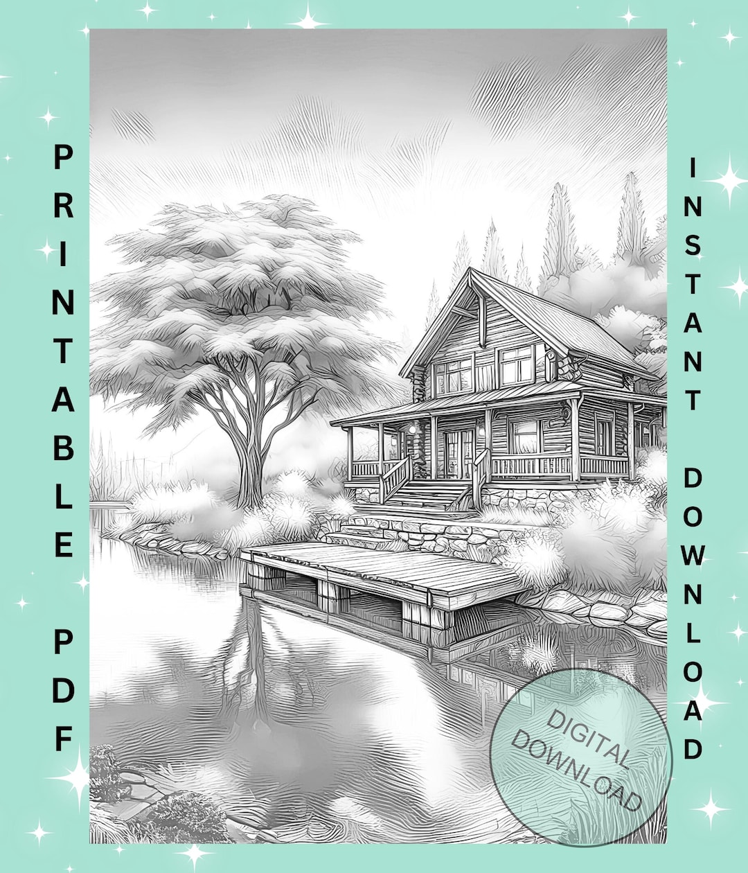 Forest Cabin Grayscale Colouring Book Pages Printable Lake Cozy Cottage ...
