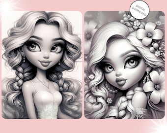 Grayscale Colouring Pages Fantasy Glam Girls Art Therapy Printable PDF Digital Instant Download in A4 Size for All Ages To Spend Time In Fun