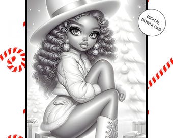 Grayscale Coloring Pages Winter Holiday Activity Book PDF Printable Xmas Cute Girls Coloring Sheets for All Ages and Stress Relief Art in A4