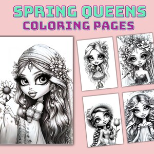 19 pagine da colorare di Regine della Primavera in scala di grigi - PDF A4 stampabile per adulti, adolescenti e bambini, download immediato per relax, arte e creatività