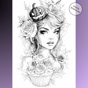 Spooky Gothic Girls Halloween Coloring Pages Grayscale PDF A4 24 ...