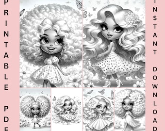 Blumenmädchen Graustufen Malbuch 32 druckbare Malseiten für Erwachsene und Kinder Digital A4 PDF Instant Download für Stress Relief & Spaß
