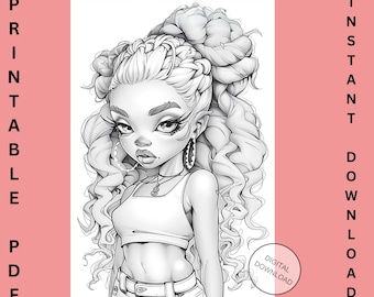 May include: Black and white printable PDF digital download of a stylized illustration of a woman with large curly hair, hoop earrings, and a crop top. The image includes the text "PRINTABLE PDF" and "INSTANT DOWNLOAD".