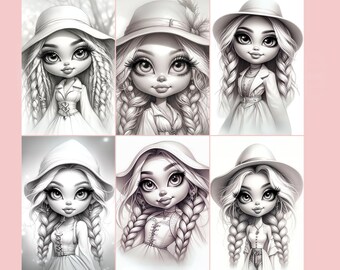 May include: Six black and white illustrations of girls with long braids wearing hats. Each girl has large eyes and a sweet expression.