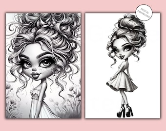 Messy Bun Girls Coloring Book: 24 Big Eyed Lady Grayscale Illustration Art Printable Pdf Pages for Adults and Kids Digital Instant Download