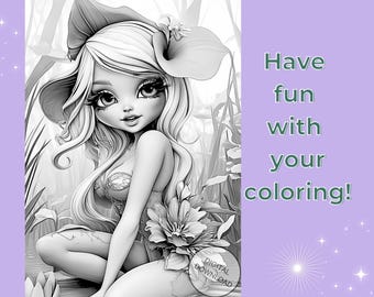 Grayscale Coloring Pages: Fairycore Waterlily Whimsical Girls Fantasy Illustration Art PDF Printable Digital Instant Download A4 for Adults