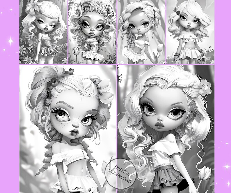 Relieved Chibi Grayscale Printable Coloring Book 25 Pages Kawaii Chibi Divas Sassy ...