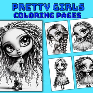 Eleganti e graziose ragazze in scala di grigi, pagine da colorare con download immediato in formato PDF, fogli da colorare fantasy stravaganti in formato A4, arte stampabile per il relax
