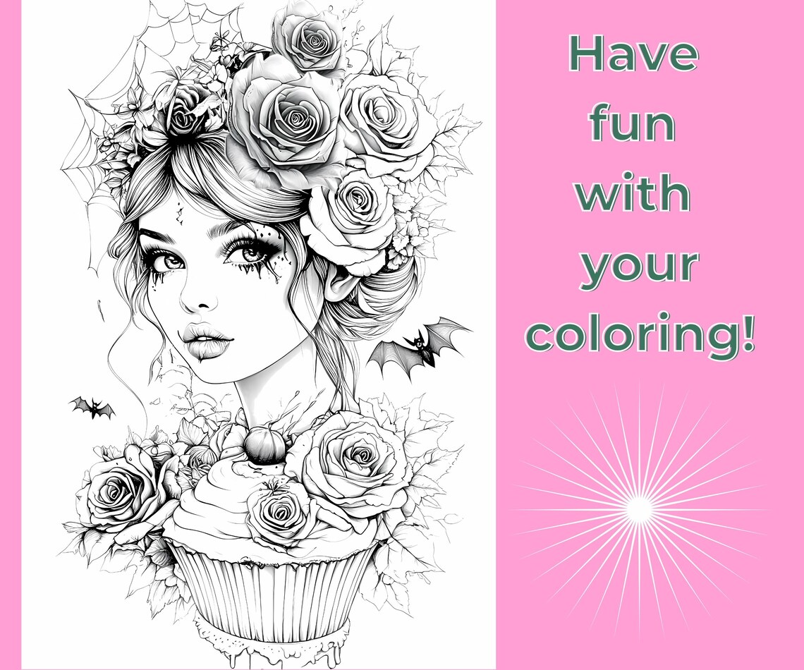 Gothic Halloween Girls Coloring Pages, Grayscale Fantasy Art PDF ...