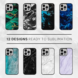 Könnte beinhalten: Zwölf verschiedene Handyhüllen-Designs mit Marmormustern in verschiedenen Farben, darunter Grün, Schwarz, Blau, Weiß und Lila. Die Designs sind bereit für die Sublimation.