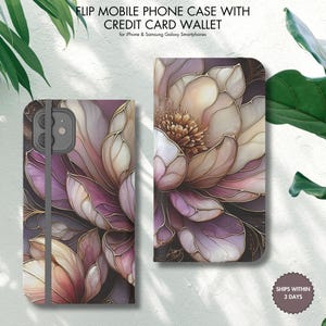 Lila Gold Magnolie Brieftasche Handyhülle - Floral Vegan Leder Kreditkartenetui für iPhone & Samsung Galaxy, schützender Kartenhalter