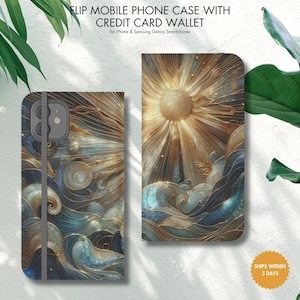 Sun Rays & Ocean Waves Brieftasche Handyhülle - Veganes Leder Kreditkartenetui für iPhone und Samsung Galaxy, schützender Kartenhalter