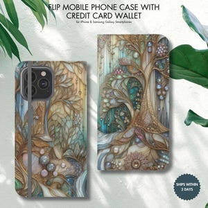 Funda para teléfono con diseño de bosque de cristales mágicos encantados, funda de cuero vegano con diseño navideño para iPhone y Samsung Galaxy, tarjetero protector
