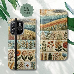 Coque de portable imitation prairie de fleurs sauvages brodée, étui à rabat portefeuille texturé imitation tapisserie matelassée pour iPhone et Samsung Galaxy, W18