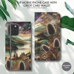 Funda para teléfono con tapa con diseño de flores de cardo escocés, funda de cuero vegano con diseño inspirador de la naturaleza, tarjetero para iPhone y Samsung Galaxy