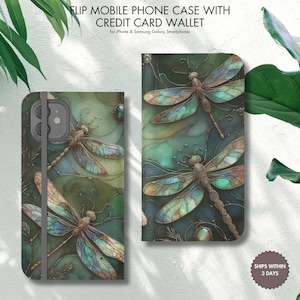 Étui pour téléphone portefeuille libellule doré vert - Étui portefeuille en cuir végétalien naturel pour cartes de crédit pour iPhone et Samsung Galaxy, porte-cartes protecteur